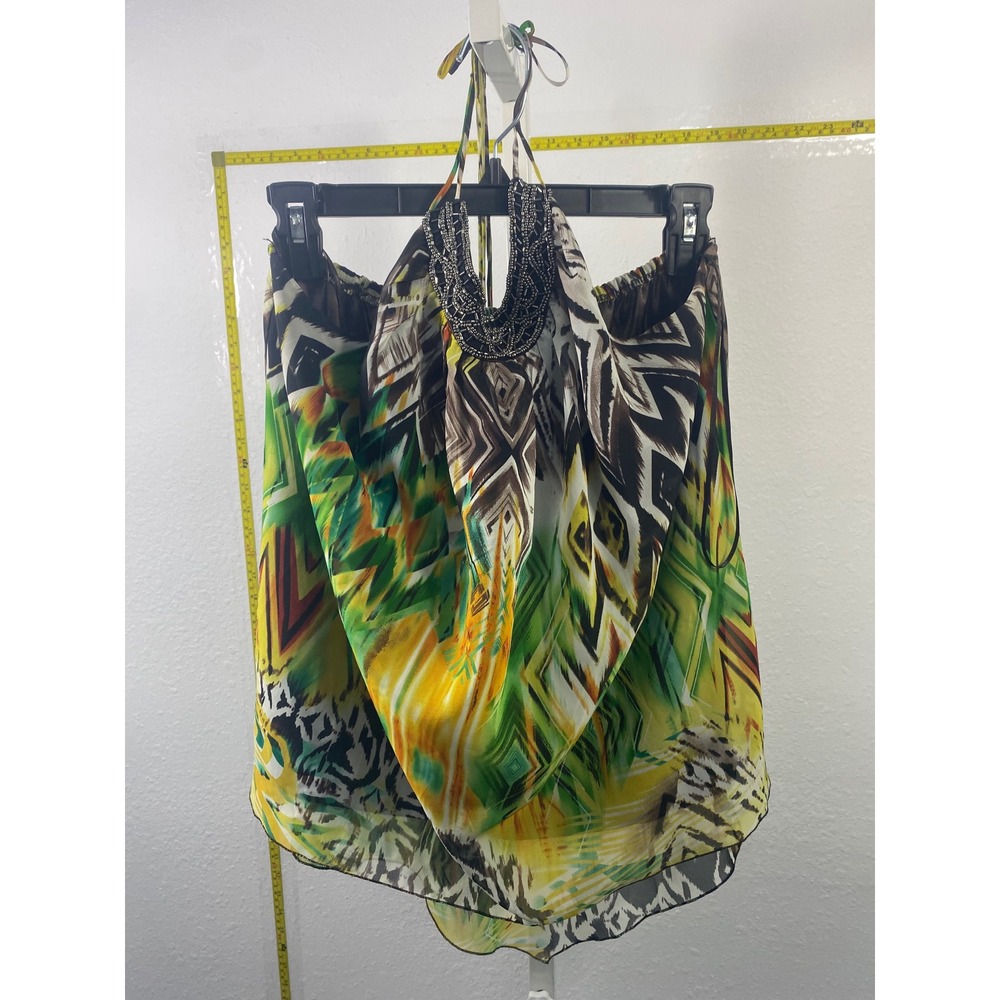 Allen B. by Allen Schwartz Beaded Halter Top Green Geometric‎ Print Medium